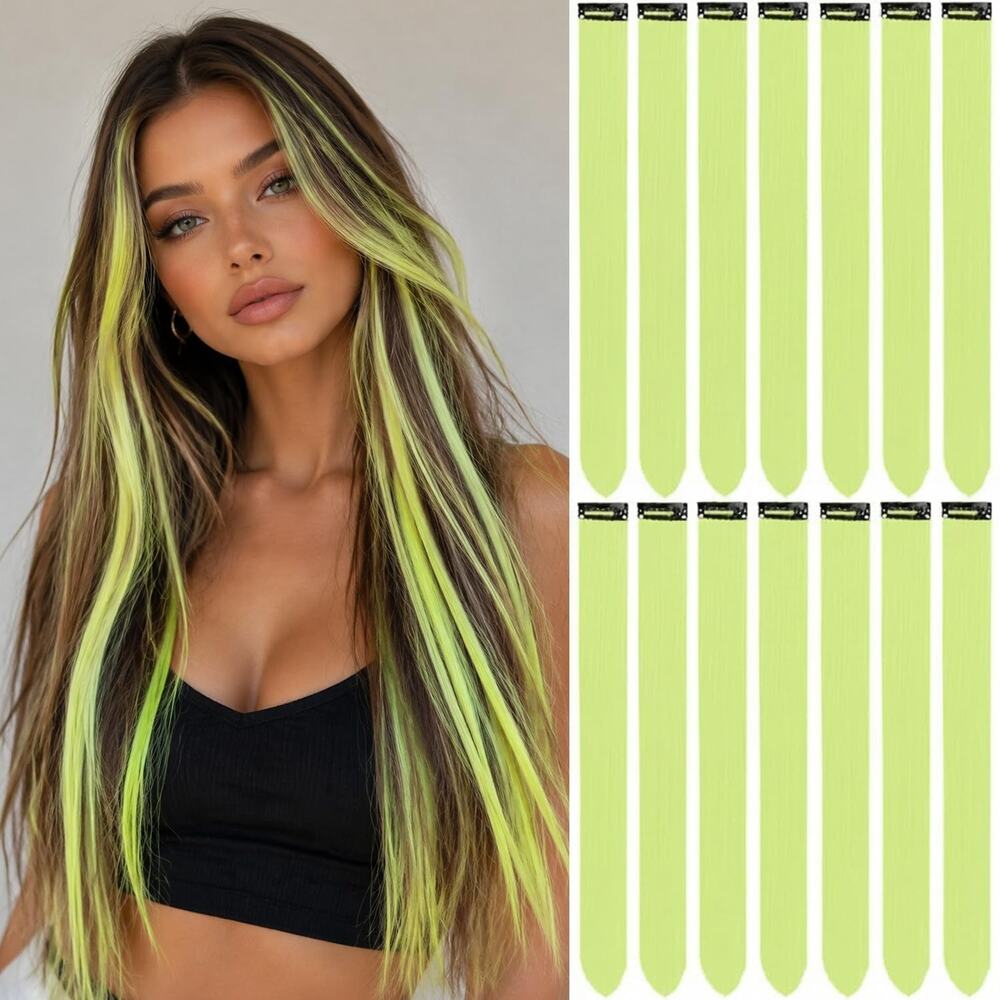 Clip In Hair Extensions Synthetic Straight Neon Green 12 PCS Long Fashion